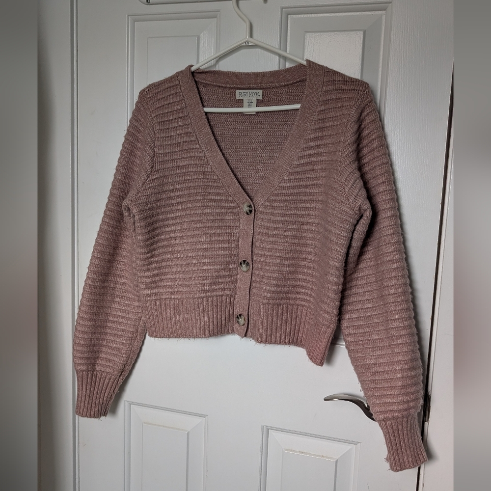 Ruby Moon | Mauve Cropped Ribbed Knit Cardigan | Size M